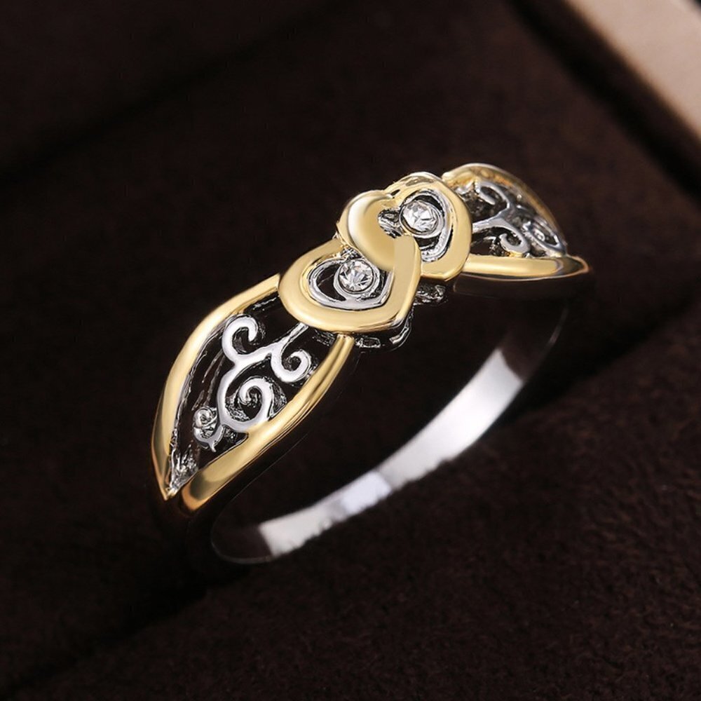 💥 Lovely Double Heart Carved Flower Two Color Plated Rings for Women, PD697 - Picture 6 of 9